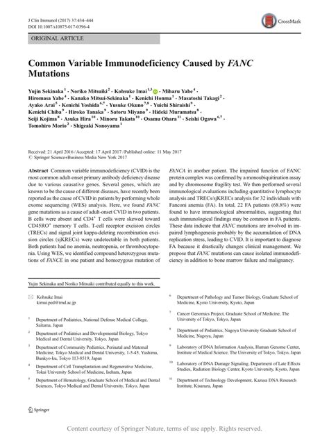 Common Variable Immunodeficiency Caused By Fanc Mutations Request Pdf
