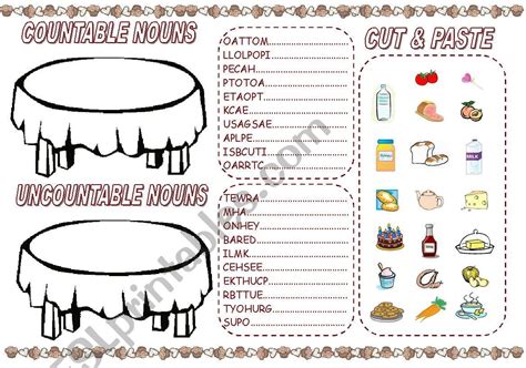 Countable And Uncountable Nouns Cut And Paste Esl Worksheet By Kamilam