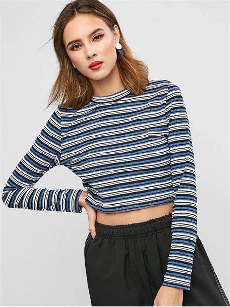 37 Off 2021 Zaful Ribbed Striped Long Sleeve Crew Neck Tee In Multi