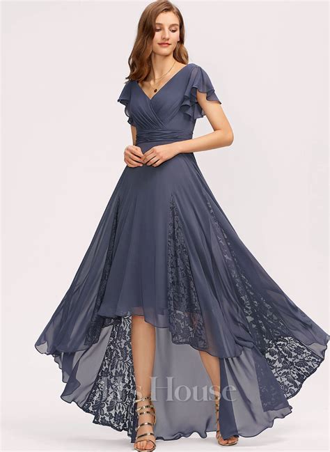a line v neck asymmetrical chiffon evening dress with ruffle lace 406277991 jj s house