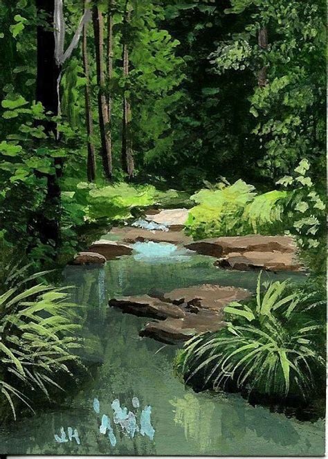 Aceo Original Acrylic Painting Peaceful Secluded Forest Stream By J
