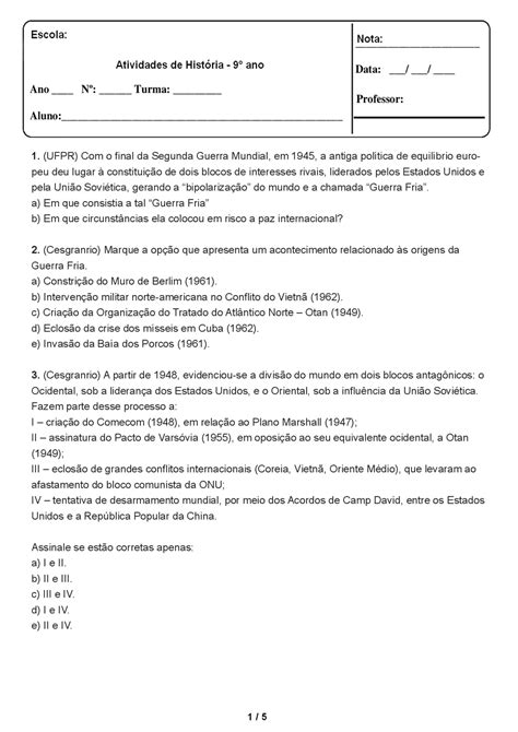 Exercicios Com Gabarito Sobre A Segunda Guerra Mundial Ano Educa