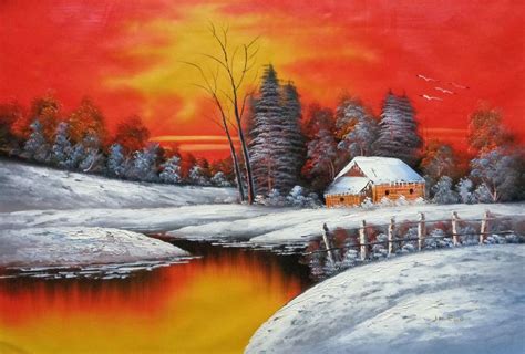 A Snow Coverd Cottage In Winter Forest At Christmas Sunset