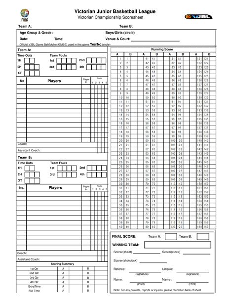 Youth Basketball Score Sheet Printable