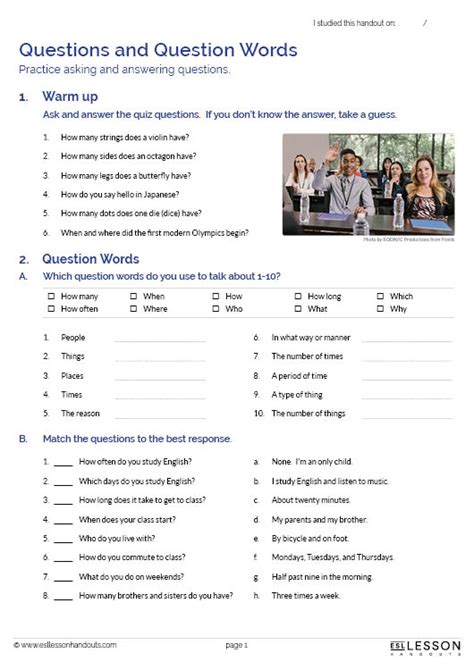 Questions And Question Words Esl Lesson Handouts