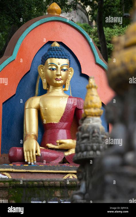 Golden Buddha Statue At Swayambhunath Monkey Temple Kathmandu Nepal