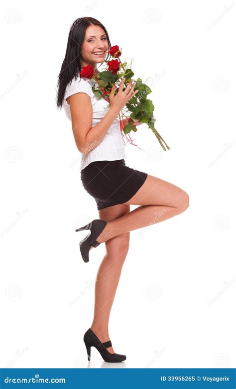 Beautiful Young Girl Posing With A Red Rose Woman Isolated Stock Image