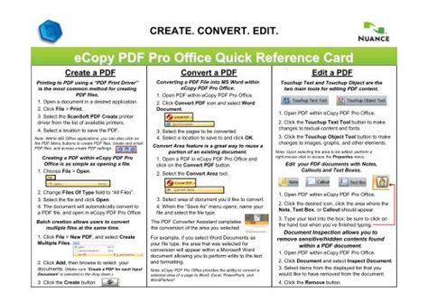 Ecopy Pdf Pro Office Quick Reference Card Create Convert