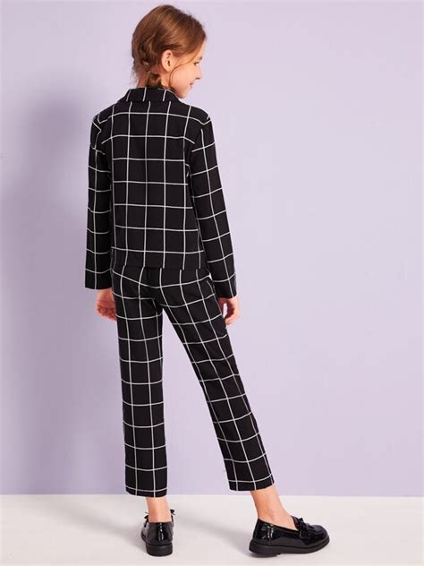 Shein Girls Grid Blazer And Tie Waist Pants Set Shein Usa