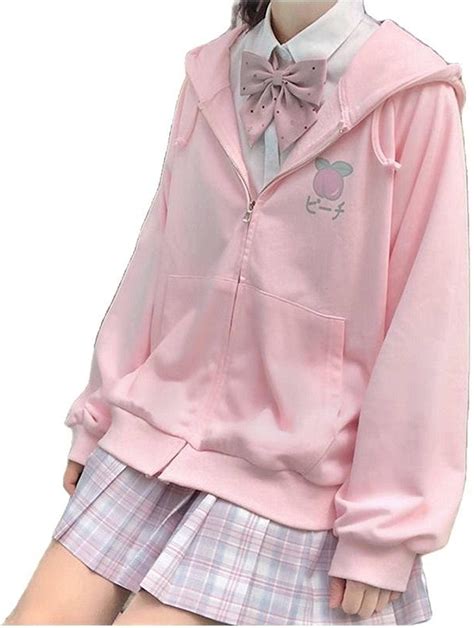 Buy Nc Harajuku Kawaii Sweet Hoodie Fruit Print Womens Loose Thin Zipper Sweater Girl Cute Pink