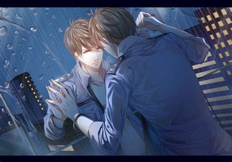 Two People Hugging Each Other In Front Of A Cityscape With Raindrops