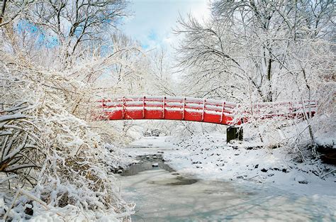 Fresh Snowfall On Red Bridge Photograph By Cavan Images Pixels