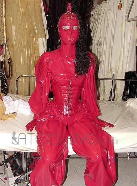 Sexy Red Latex Lantern Full Body Clothes With Latex Corset Womens Sexy Rubber Costumes In