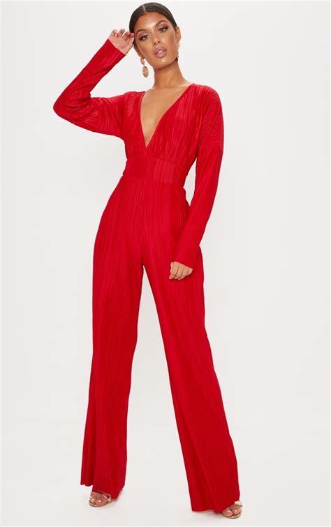 red long sleeve pleated jumpsuit prettylittlething