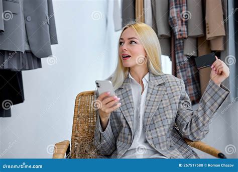 Dreamy Happy Woman Make Online Purchase Shopping Online Sitting In