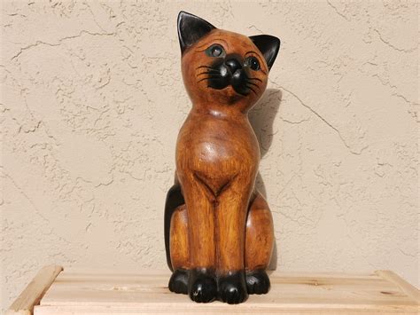 Large Wooden Cat Figurineswooden Cat Figureswooden Etsy