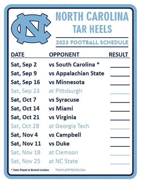 Printable 2023 North Carolina Tar Heels Football Schedule