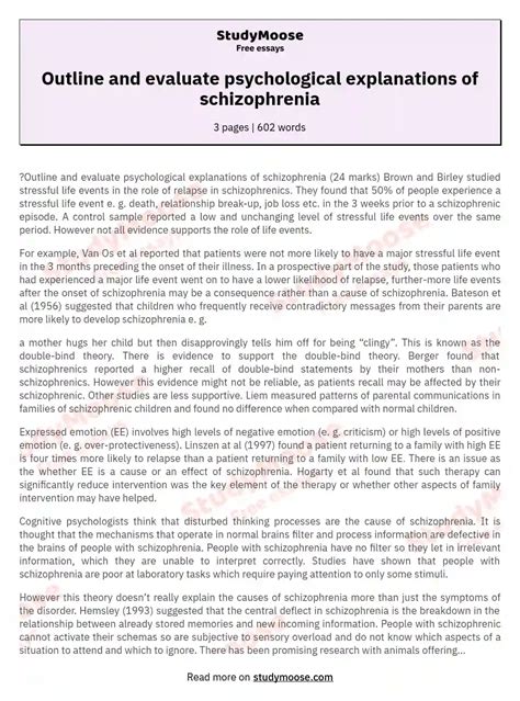 Outline And Evaluate Psychological Explanations Of Schizophrenia Free Essay Example