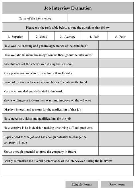 Free Sample Interview Evaluation Templates In Pdf Printable Forms