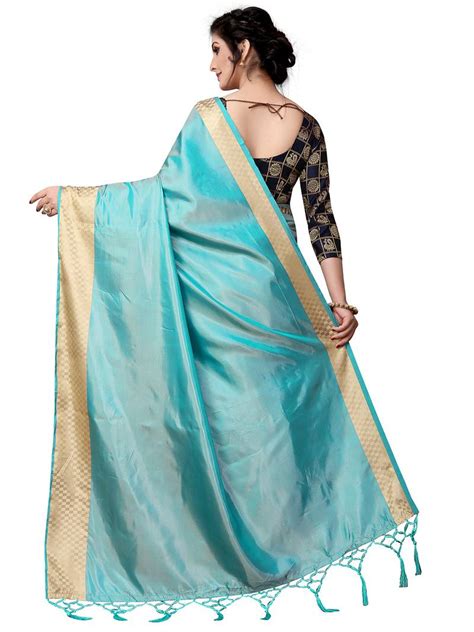 Sky Blue Plain Paper Silk Saree With Blouse Vastrang 2812264