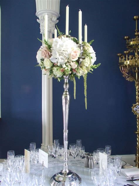 Tall Candelabra With White Hydrangea Pale Pink Roses And Trailing