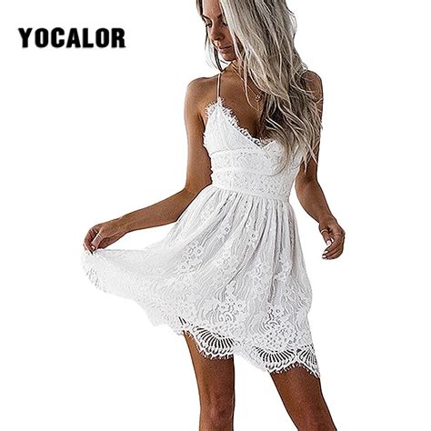 Yocalor Summer Sundress Sexy V Neck Backless Lace Sleeveless Strap Dresses Female Sundresses For