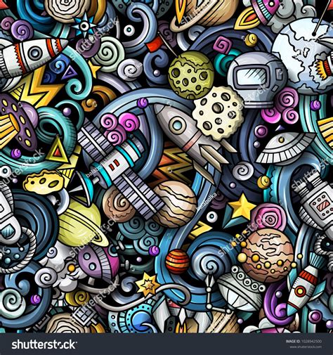 Science fiction space doodles for fun! Cartoon cute doodles Space seamless pattern. Colorful ...