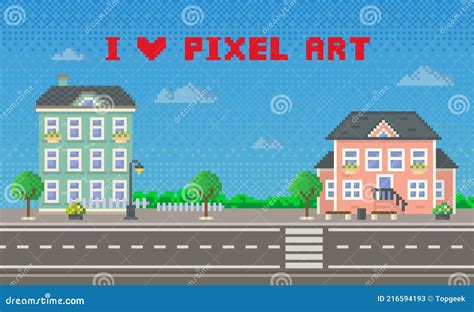 Houses And Green Trees Along Urban Paved Road Pixel Art Scene