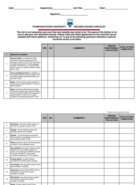 Welding Checklist 9195 Personal Protective Equipment Safety