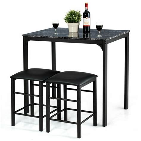 3 Pieces Counter Height Table Set 2 Chairs Bar Dining Room Faux Marble Black