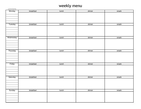 Blank Weekly Menu Planner Template Menu Planning Pinterest For
