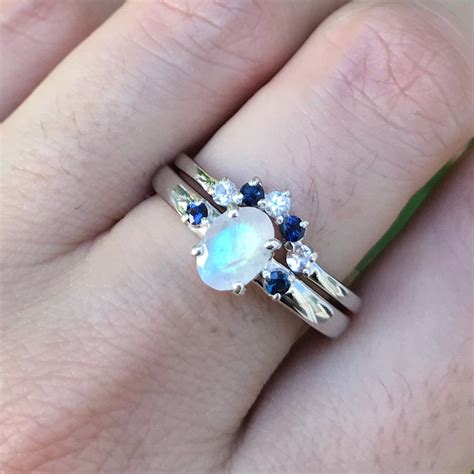 Our Most Popular Moonstone Bridal Set Ring Accented With Blue And White