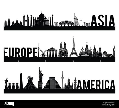 Asia Europe And America Continent Famous Landmark Silhouette Style With