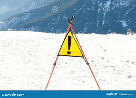 Close Up Shot Of A Warning Sign At A Slope Of A Ski Resort Stock Image