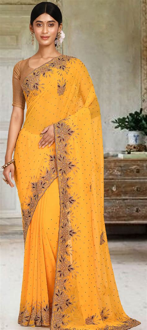 Festive Party Wear Wedding Yellow Color Georgette Fabric Saree 1792168