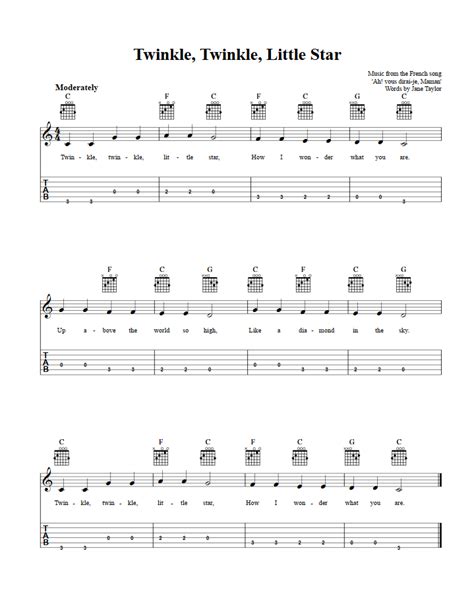 Music chords for piano, voice, guitar & more! Twinkle, Twinkle, Little Star: Chords, Sheet Music, and Tab for Guitalele with Lyrics