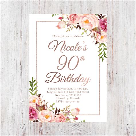 90th Birthday InvitationFloral Women Birthday InviteAny Age Etsy