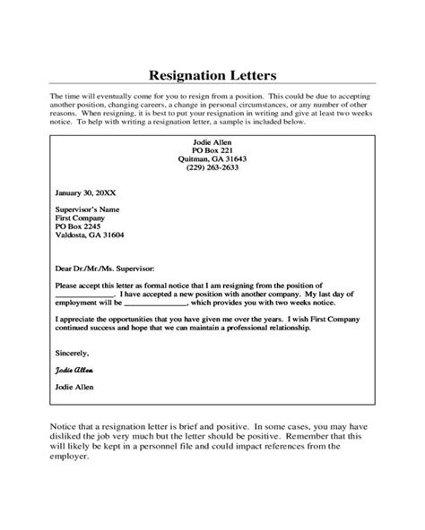 Fill In The Blank Resignation Letter Template
