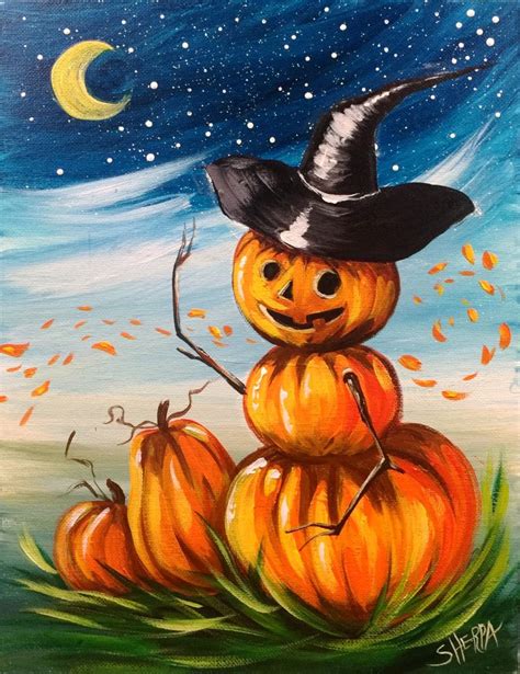 An Acrylic Painting Of A Pumpkin With A Witchs Hat On Top