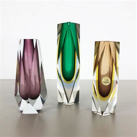 Rare Set Of Faceted Murano Glass Sommerso Vases Italy S
