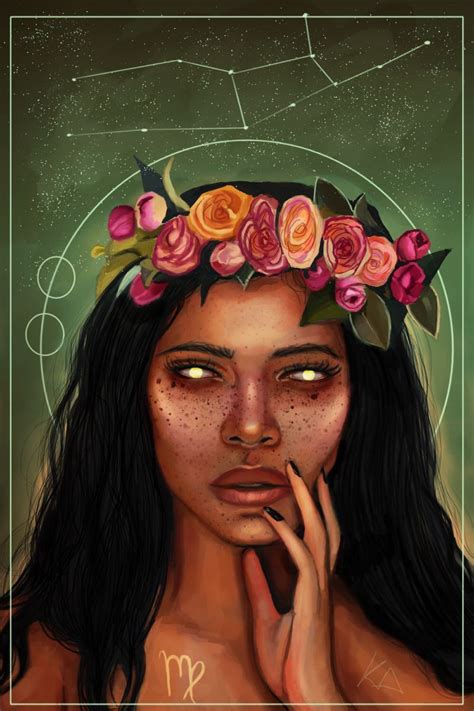 A Woman With Flowers On Her Head And Zodiac Signs Above Her Face In Front Of A Green Background