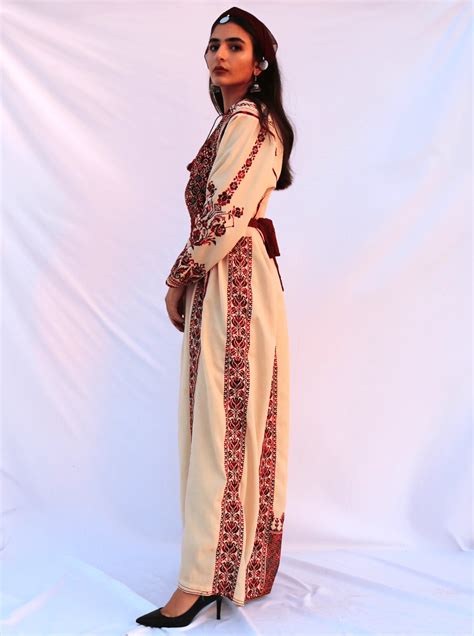 Heba Hand Embroidered Beige Palestinian Dress Thobe Deerah