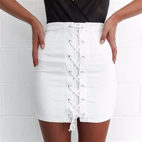 Womens Bandage Button Up Washed Denim Straight Skirt High Waist White