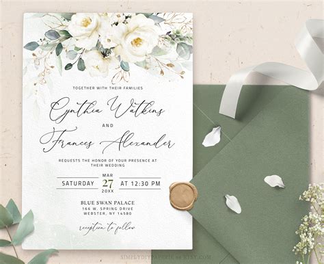 White Floral Wedding Invitation Template Download Ivory White Etsy