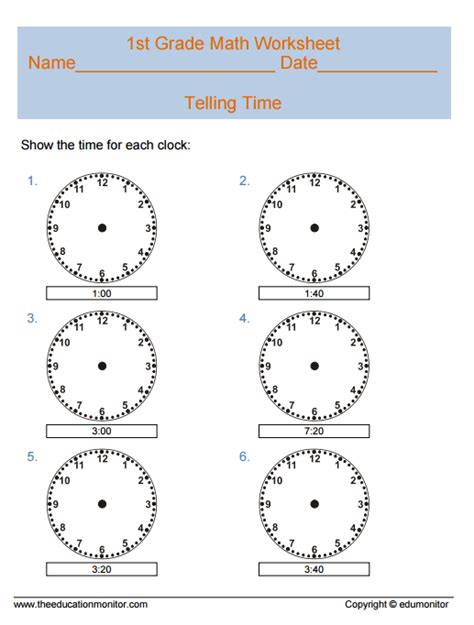 Telling Time Math Worksheets For First Grade Kids