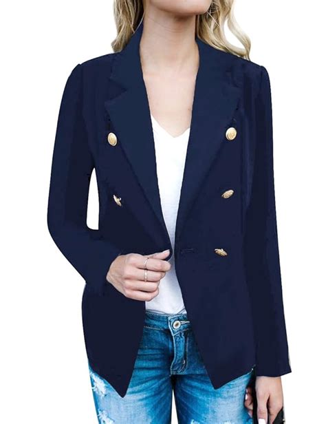 Buy Luvamia Women S Navy Blue Casual Long Sleeve Lapel Double Breasted Office Work Blazer Jacket