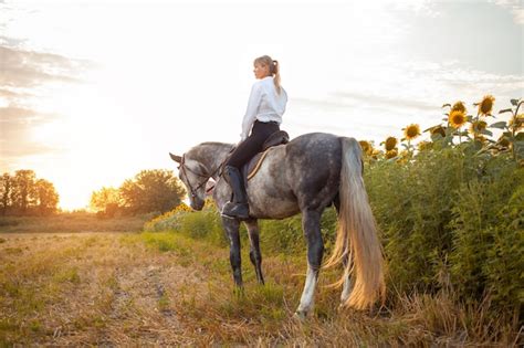 Eine Frau Reitet Bei Sonnenuntergang Auf Einem Grauen Pferd Auf Einem