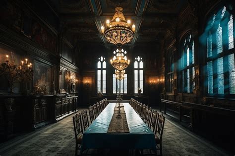 Premium Ai Image A Dining Room In A Castle With A Chandelier Hanging