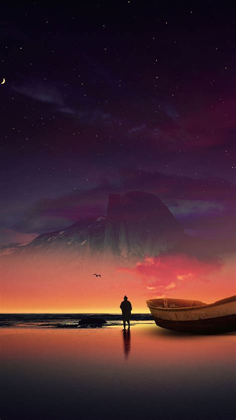 Download Wallpaper 1080x1920 Boat Silhouette Photoshop Shore Ocean