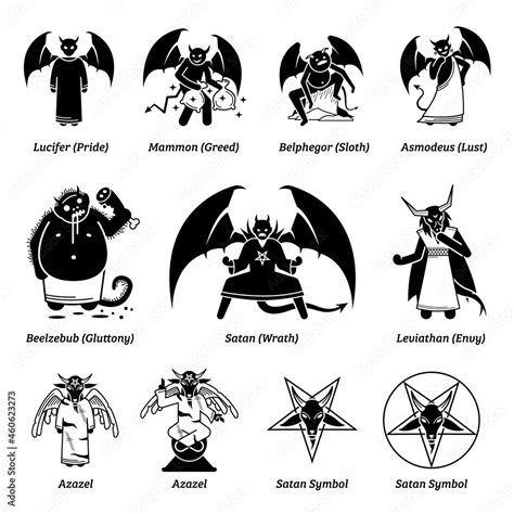 Seven Deadly Sins Devils And Satan Vector Illustrations Of Lucifer